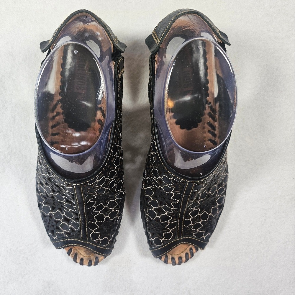 Pikolinos Black Leather Laser Cut Floral Wedge Sandals Peep Toe Boho size 38 - Picture 4 of 16